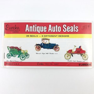 34 Antique Auto Seals, Die Cut Gummed Paper, Wet & Stick, Oldsmobile, Cadillac, Hudson, Rambler, Ford, Chevrolet, Vintage Eureka EU85305