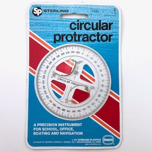 May include: A white plastic circular protractor with red and blue markings. The packaging is blue with red and orange stripes. The text on the packaging reads "Sp STERLING #535 circular protractor A PRECISION INSTRUMENT FOR SCHOOL, OFFICE, BOATING AND NAVIGATION 1972 STERLING PLASTICS BORDEN DIVISION OF BORDEN CHEMICAL, BORDEN INC. MOUNTAINSIDE, NJ 07092"