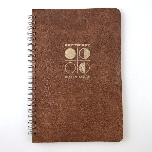 Day-To-Day Appointments, Weekly Planner, Metal Bound Notebook, Brown Textured Covers, Spaces for Days of the Week, Vintage Mid-Century Style
