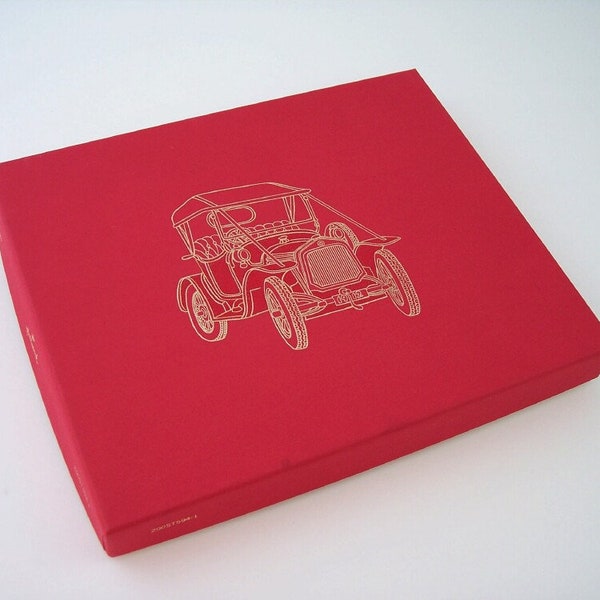 Empty Cardboard Box, Embossed Gold Tone Image of a Ford Model T Automobile, Red Lid, Vintage 1970s Hallmark, Car Picture