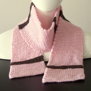 Short Scarf, Thick Wool, Pink with Dark Brown Slanted Stripes, 100% Superwash, Over 4 Feet Long, Crocheted, Machine Washable