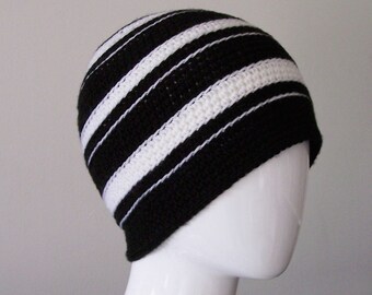 Black and White Merino Hat, Women's Crocheted Striped Beanie, Soft Extra Fine 100% Superwash Wool, Machine Washable