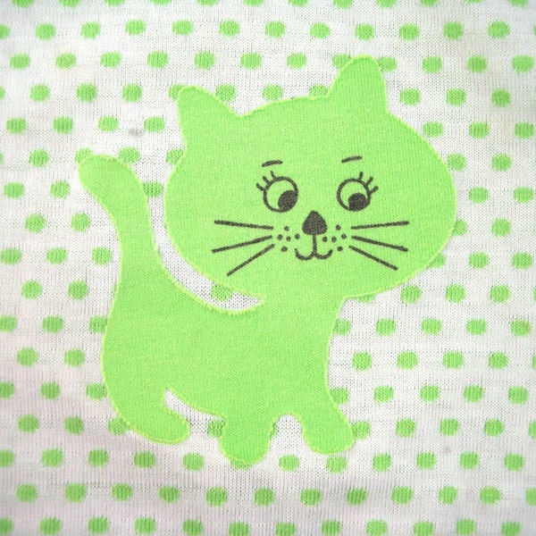 Cat Patch, Green Fabric on Salvaged Clothing, Vintage 1970s, Light Green and White Polka Dot Background, Can be Repurposed for Decor Project