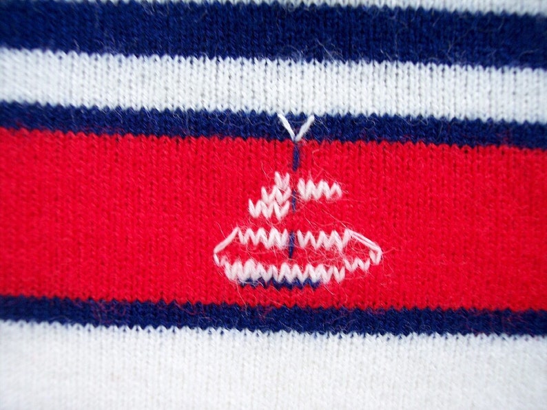 Red Blue Stripes Short Sleeves Vintage 1970s Baby Dress with Sailboats 12 Month Size White