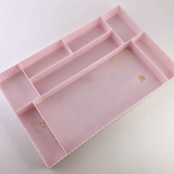 Desk Tray, 8 Compartments, Light Pink Plastic, Fluted Sides, Bedroom or Bathroom Vanity, Office or Sewing Drawer Organizer, Stained, Vintage