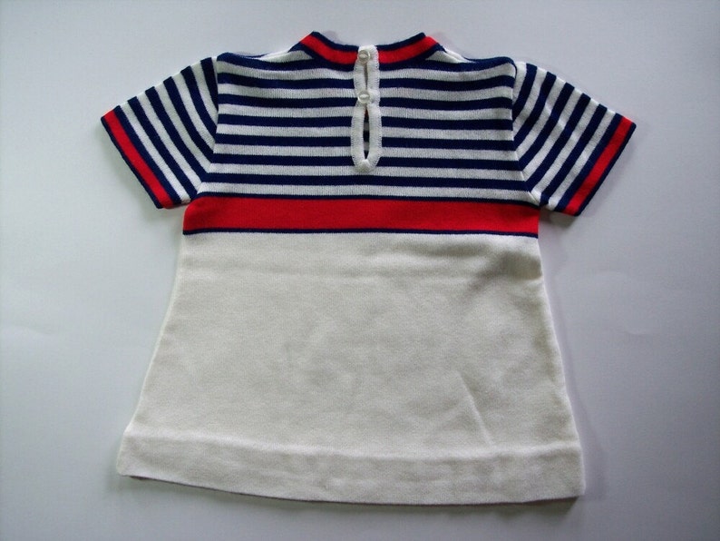 Red Blue Stripes Short Sleeves Vintage 1970s Baby Dress with Sailboats 12 Month Size White