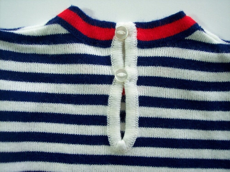 White Red Blue Stripes Baby Dress with Sailboats 12 Month Size Vintage 1970s Short Sleeves