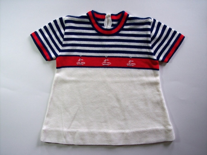 Red Blue Stripes Short Sleeves Vintage 1970s Baby Dress with Sailboats 12 Month Size White