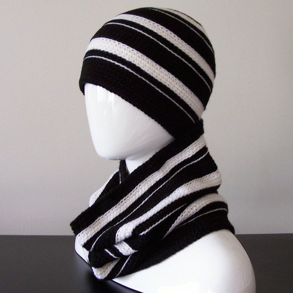 Black and White Merino Set, Crocheted Soft Beanie & Cowl, Women's Striped Hat and Scarf, Extra Fine 100% Superwash Wool, Machine Washable