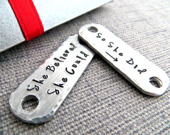 Custom running shoe lace tags, She Believed She Could So She Did, hand stamped, Gift box included