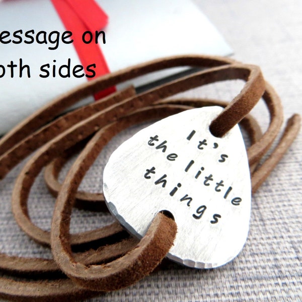 Wrapped leather bracelet stamped guitar pick "It's the little things" hand made gift box included