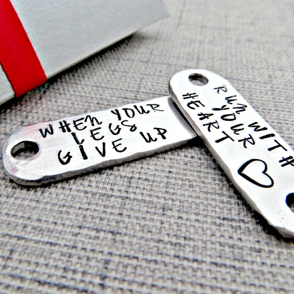 Custom running shoe lace tags, when your legs give up - run with your heart , hand stamped, Gift box included