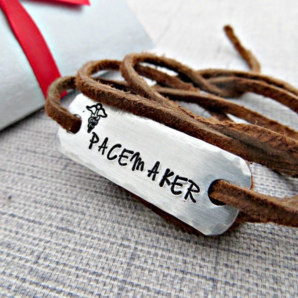 Custom shoe lace tags, medical alert pacemaker, leather wrap bracelet, hand made, Gift box included