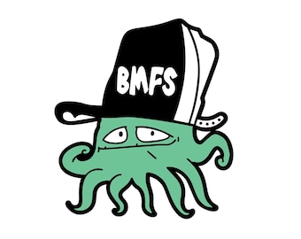 May include: A green cartoon octopus wearing a black and white baseball cap with the text "BMFS" on the front.