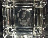 Grateful Dead Etched Glass Tray | Steal Your Face, Dancing Bear, Jerry Garcia Hand, 13 Point Lightning Bolt