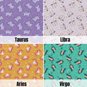 May include: Four different fabric patterns featuring zodiac signs. The top left pattern is purple with a white bull, the top right pattern is white with a gold scale, the bottom left pattern is yellow with a red ram, and the bottom right pattern is green with a brown woman's head.