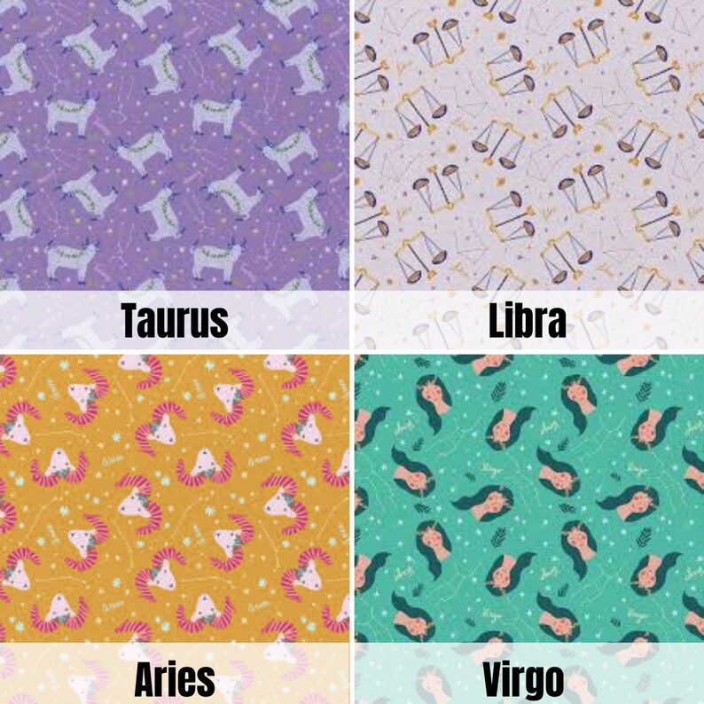 May include: Four different fabric patterns featuring zodiac signs. The top left pattern is purple with a white bull, the top right pattern is white with a gold scale, the bottom left pattern is yellow with a red ram, and the bottom right pattern is green with a brown woman's head.