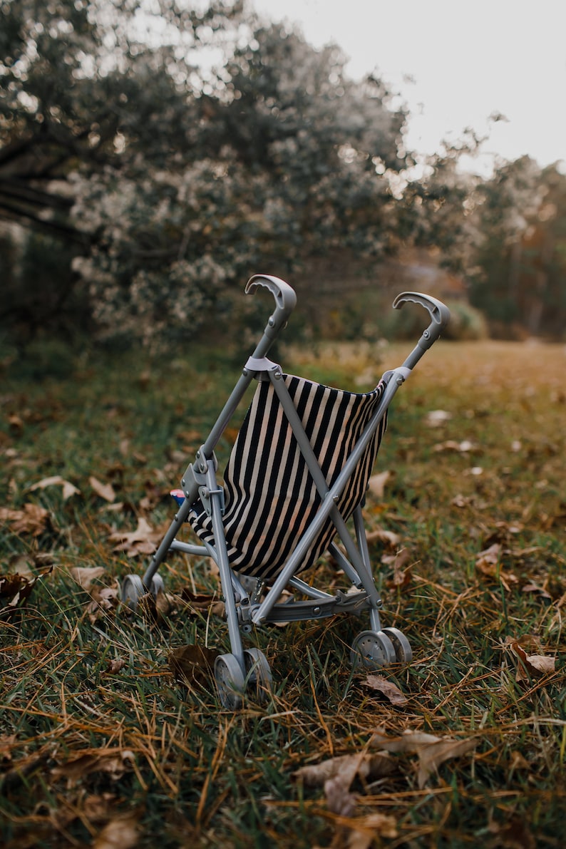 May include: A toy stroller featuring a grey plastic frame and a fabric seat with a black and white vertical striped pattern. The stroller has two curved handles at the top, a folding mechanism, and four sets of small wheels at the base.
