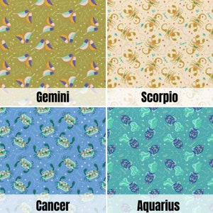 May include: A collage of four different zodiac signs, each with a unique pattern. The signs are Gemini, Scorpio, Cancer, and Aquarius. The patterns are all colorful and whimsical.