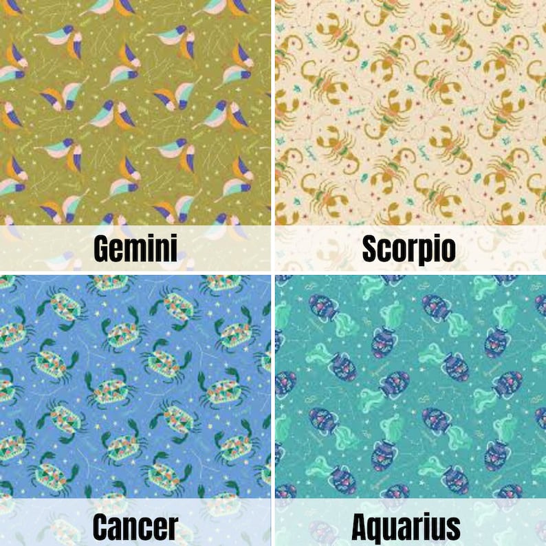 May include: A collage of four different zodiac signs, each with a unique pattern. The signs are Gemini, Scorpio, Cancer, and Aquarius. The patterns are all colorful and whimsical.