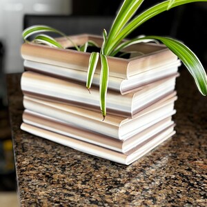 May include: A unique planter shaped like a stack of books, with a green and white plant sprouting from the top. The planter has a brown and white color scheme, creating a literary and natural aesthetic.