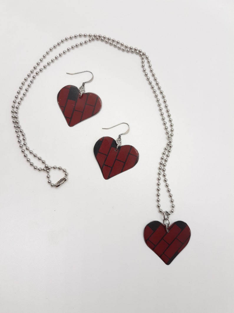 Brick Heart Necklace and Earring Set with Stainless Ball Chain From Upcycled Vintage Dollhouse