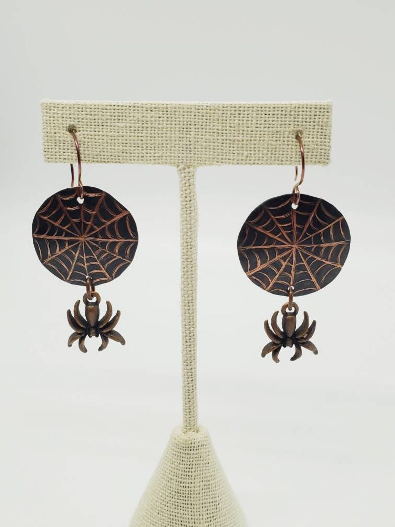 Black Fall Insect Earrings Cool Nickel Free Niobium Handmade Long Copper Spooky Goth Emo Jewelry Halloween Copper Spider Web Earrings