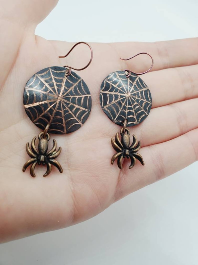 Black Fall Insect Earrings Cool Nickel Free Niobium Handmade Long Copper Spooky Goth Emo Jewelry Halloween Copper Spider Web Earrings