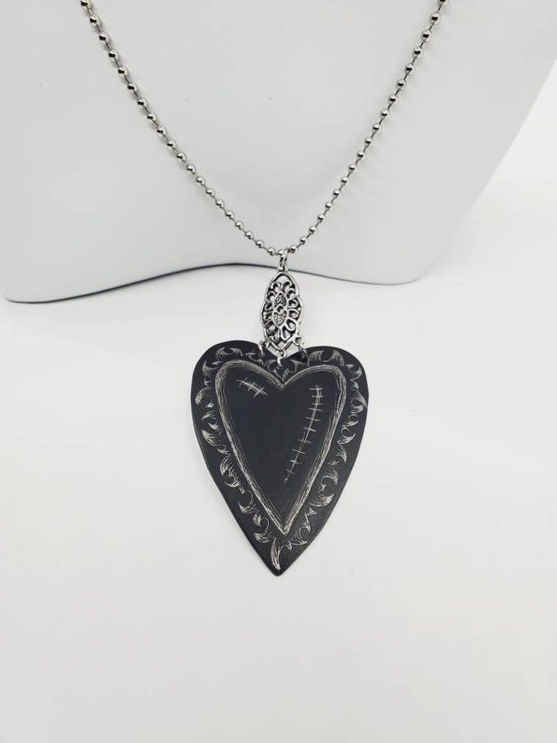 Black Heart Necklace Emo Gothic Goth Halloween Stainless Ball Chain Unique /& Handmade Long Statement Recycled Vintage Tin Necklace