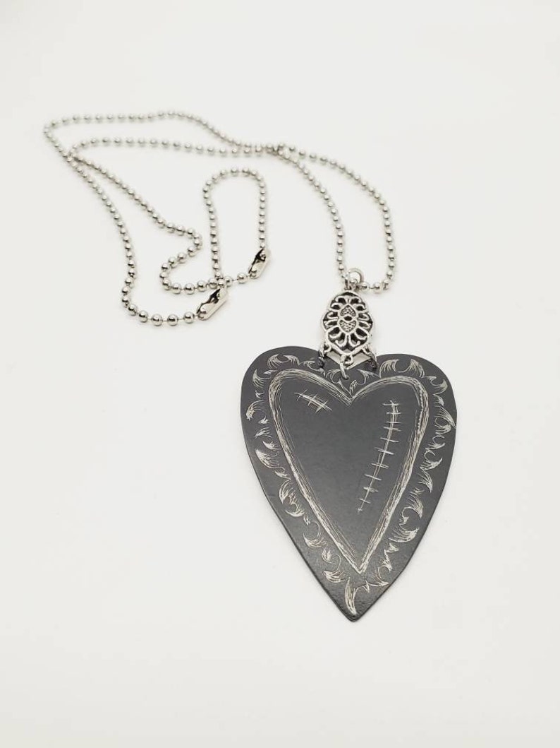 Black Heart Necklace Emo Gothic Goth Halloween Stainless Ball Chain Unique /& Handmade Long Statement Recycled Vintage Tin Necklace