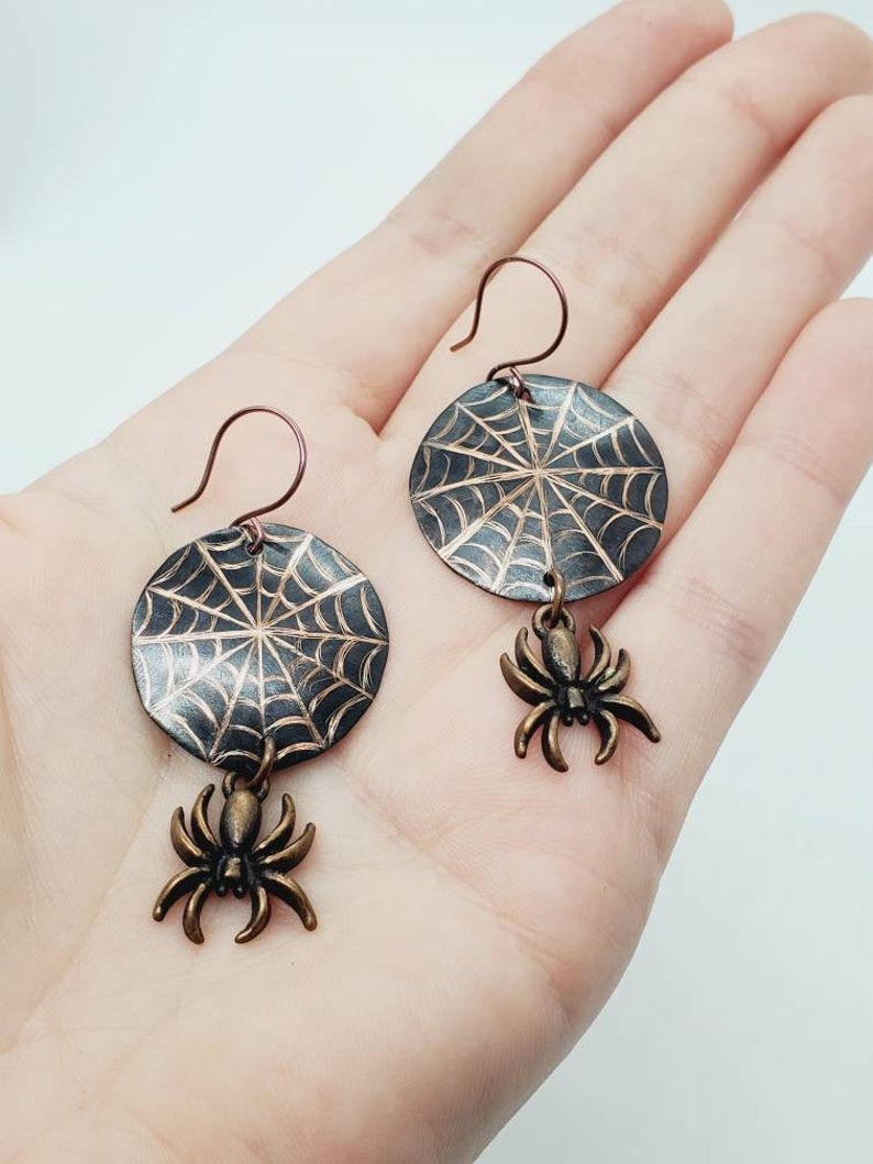 Black Fall Insect Earrings Cool Nickel Free Niobium Handmade Long Copper Spooky Goth Emo Jewelry Halloween Copper Spider Web Earrings