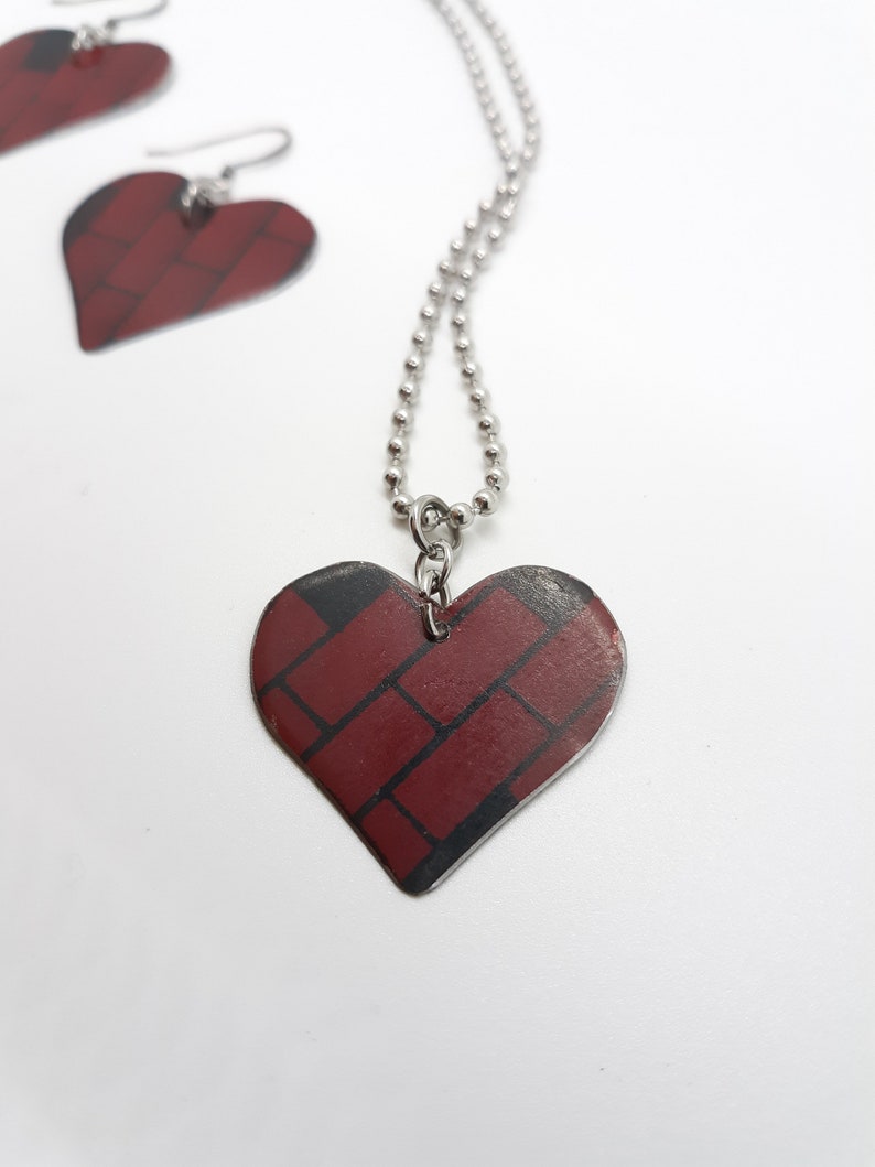 Brick Heart Necklace and Earring Set with Stainless Ball Chain From Upcycled Vintage Dollhouse