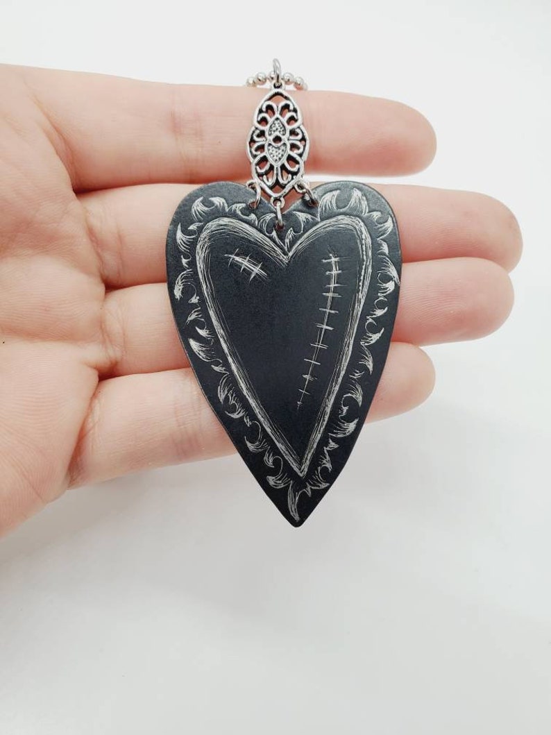 Black Heart Necklace Emo Gothic Goth Halloween Stainless Ball Chain Unique /& Handmade Long Statement Recycled Vintage Tin Necklace