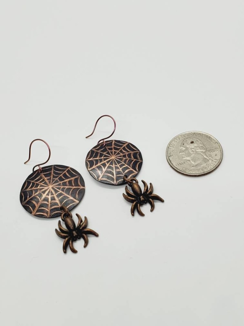Black Fall Insect Earrings Cool Nickel Free Niobium Handmade Long Copper Spooky Goth Emo Jewelry Halloween Copper Spider Web Earrings