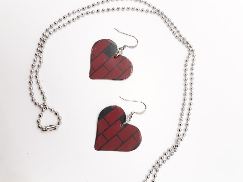 Brick Heart Necklace and Earring Set with Stainless Ball Chain From Upcycled Vintage Dollhouse