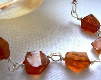 Raw hessonite garnet bracelet- orange garnet gemstone jewelry- raw garnet crystals with sterling silver- wire wrapped -gift