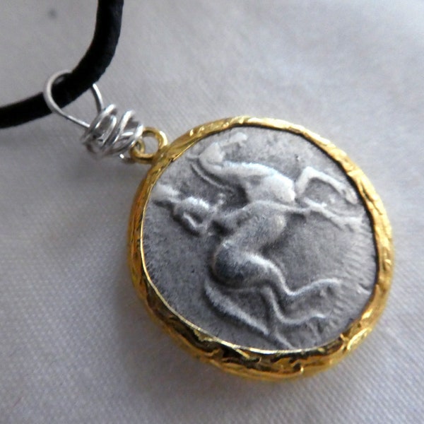 Artemis Greek coin pendant-leather ancient Greek coin replica pendant- mythology jewelry-silver plated coin necklace-wire wrapped coin-gift