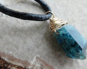 Indicolite tourmaline choker-green tourmaline pendant- raw crystal leather necklace-gold filled gemstone choker- women gift