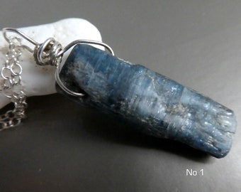 Raw blue kyanite pendant- wire wrapped sterling silver kyanite necklace-blue stick pendant- women jewelry necklace- men jewelry-unisex gift