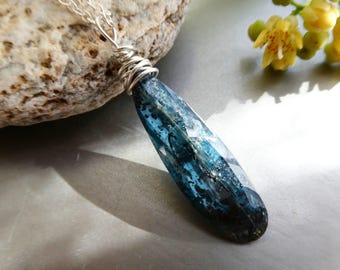 Sterling silver blue moss kyanite pendant –wire wrapped gemstone handmade necklace- natural teardrop jewelry