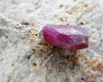 Sterling silver ruby nugget necklace -raw gemstone pendant- handmade wire wrapped jewelry-birthday gift