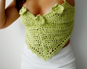 Green flower crochet bustier -crop tank top-cotton knit triangle top -handmade summer top--festival bralette-handkerchief top