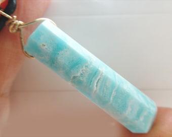 Blue calcite crystal gold filled necklace -large point leather natural pendant- gemstone handmade jewelry