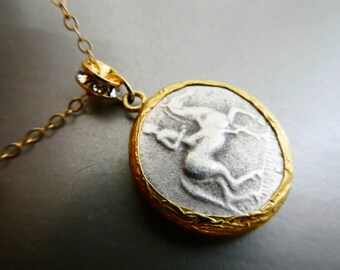 Silver plated Artemis Greek coin replica necklace - gold filled chain pendant - mythology women jewelry