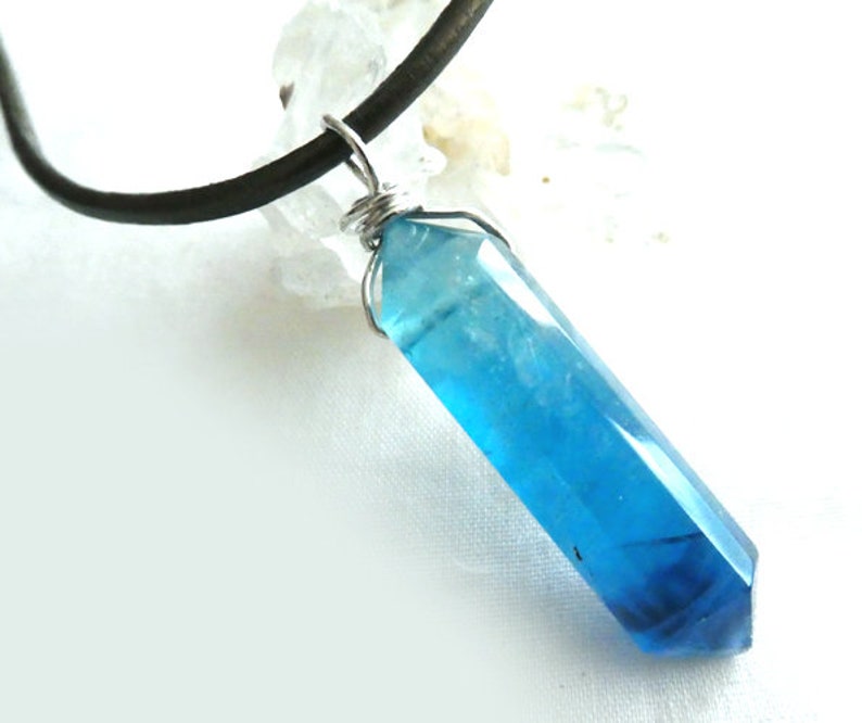 Blue double terminated fluorite point-leather pendant-fluorite crystal gemstone necklace-boho blue crystal pendant-wire wrapped-gift