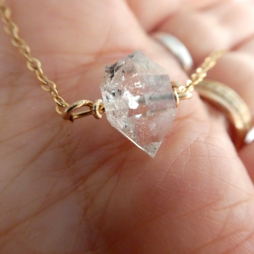 Herkimer diamond pendant -gold filled necklace- double terminated diamond quartz pendant- gemstone shops wire wrapped necklace- women gift