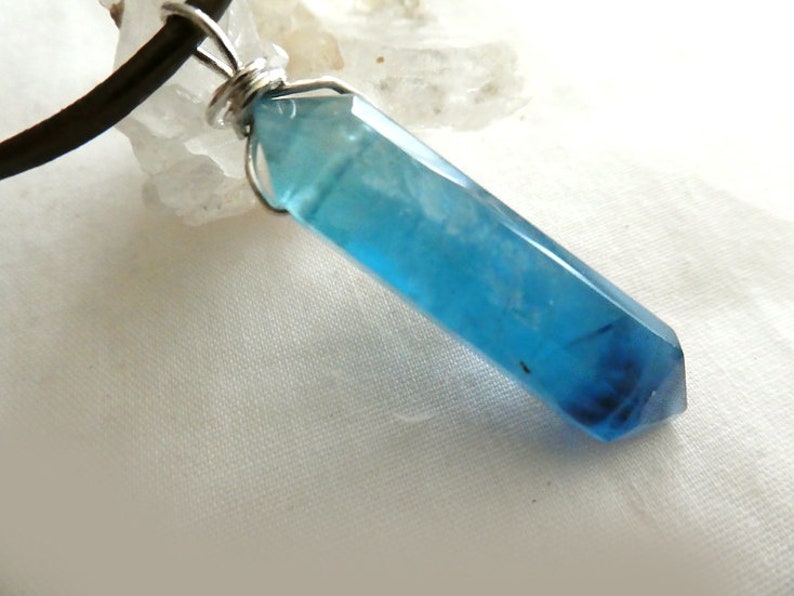 Blue double terminated fluorite point-leather pendant-fluorite crystal gemstone necklace-boho blue crystal pendant-wire wrapped-gift