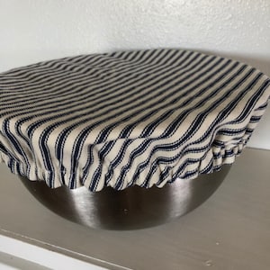 Fabric mixing bowl cover, blue  ticking stripe bowl cover, farmhouse kitchen accessory