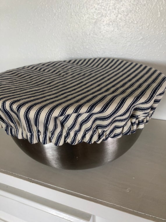 Fabric mixing bowl cover, blue  ticking stripe bowl cover, farmhouse kitchen accessory