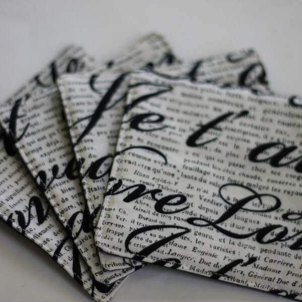 Black and white french script fabric coasters, french coasters, housewarming gift, shower gift, hostess gift